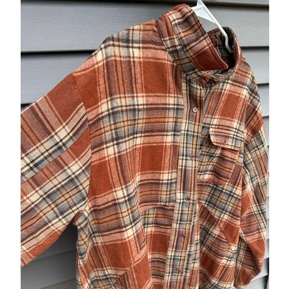 Umgee 1XL Burnt Orange Rust Plaid Hi-Lo Loose Fit Flannel Button Down Shacket - Picture 7 of 12